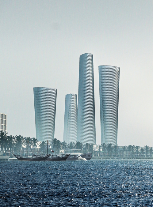 현대건설이 수주한 카타르 루사일 오피스 조감도. 맨 왼쪽이 플롯3, 왼쪽에서 세번째가 플롯4 [현대건설 제공]